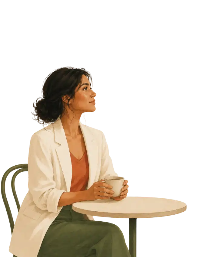 Mulher sorrindo num café — esforço invisível de parecer normal